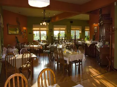 a restaurant with tables and chairs in a room at Hotel Kochanów in Kochanów