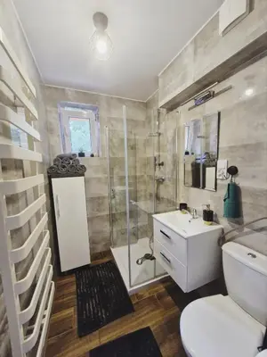 a bathroom with a shower and a toilet and a sink at Szmaragd in Rabka