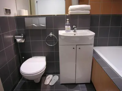 a bathroom with a white toilet and a sink at Apartament Amaryllis in Kraków