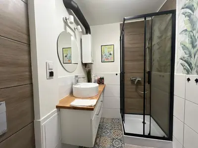 a bathroom with a shower and a sink at SKY Apartment 1 in Oświęcim