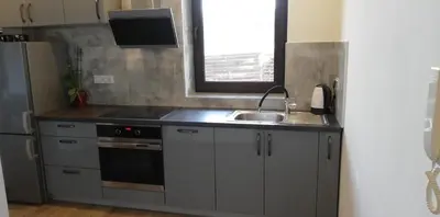 a small kitchen with a sink and a refrigerator at Lion Apartment in Andrychów
