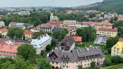 an aerial view of a town with buildings at Apartamenty Centrum in Andrychów