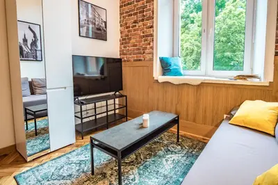 a living room with a couch and a tv at Tower Street Apartments in Kraków
