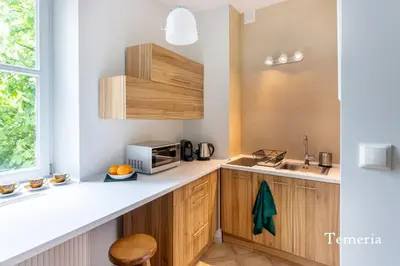 a kitchen with a sink and a microwave at Brokilon House in Kraków