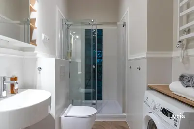 a bathroom with a shower and a toilet and a sink at Brokilon House in Kraków