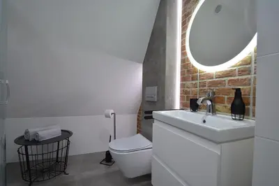 a bathroom with a sink and a toilet and a mirror at Willa Wiesia Rabka Zdrój in Rabka