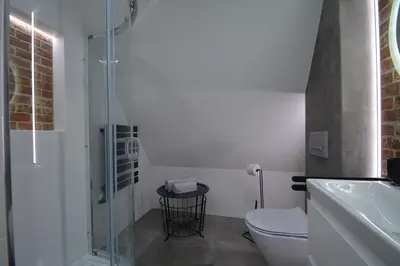 a bathroom with a shower and a toilet and a sink at Willa Wiesia Rabka Zdrój in Rabka