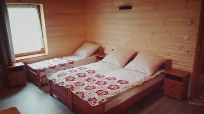 a bedroom with a bed in a wooden cabin at Willa Wiktoria in Zawoja