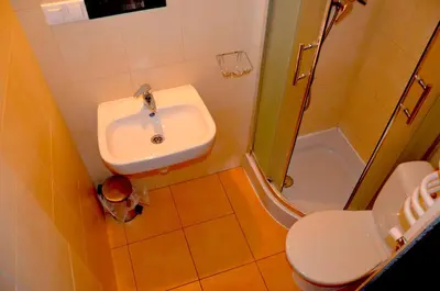 a bathroom with a sink and a toilet and a shower at Ośrodek Wypoczynkowo-Szkoleniowy HALNY in Zawoja