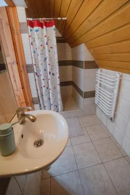 a bathroom with a sink and a shower curtain at Wiśniowy Gaj in Ujanowice