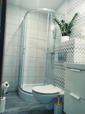 a bathroom with a toilet and a glass shower at ZŁOTA PASIEKA Zator Przeciszów in Przeciszów