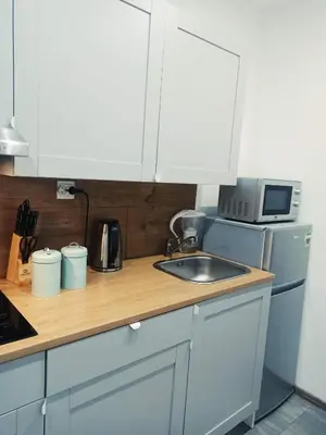 a kitchen counter with a sink and a microwave at ZŁOTA PASIEKA Zator Przeciszów in Przeciszów