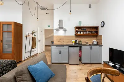 a living room with a couch and a kitchen at Pałac Zieleniewskich Apartamenty św Marka 31 in Kraków