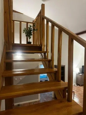 a wooden staircase with a potted plant on it at FLORIANSKA Penthouse DeLux in Kraków