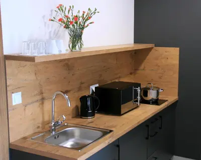 a kitchen counter with a sink and a microwave at ZatorHome apartamenty - blisko Energylandii i Zatorlandu in Zator