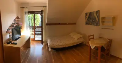 a small room with a bed and a table with a television at Apartament Bronowice in Kraków