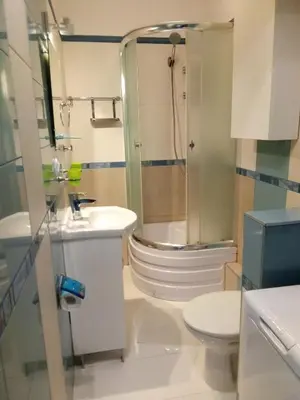 a bathroom with a shower and a toilet and a sink at Apartament Bronowice in Kraków