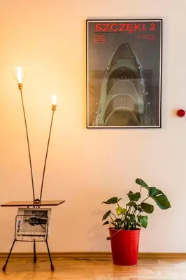a picture hanging on a wall with a plant and a table at PRZEPIĘKNY APARTAMENT w sercu Starego Miasta in Kraków