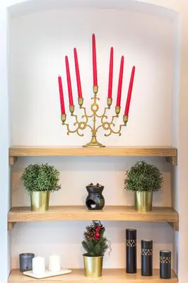 a shelf with red candles and potted plants at WSPANIAŁY, Stylowy Apartament w Sercu Starego Miasta in Kraków
