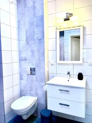 a bathroom with a toilet and a sink and a mirror at Froja in Zator