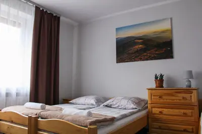 a bedroom with a bed and a potted plant at Gorczański Kącik in Ochotnica Dolna