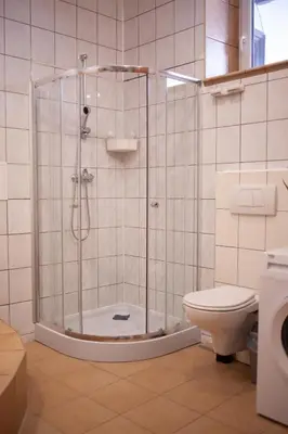 a bathroom with a shower and a toilet at Bailey Apartment in Kraków