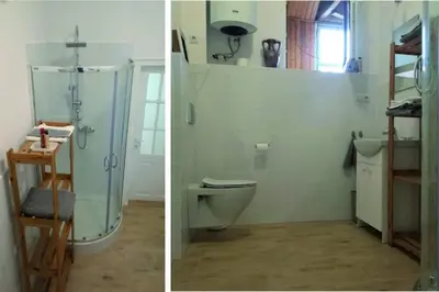 two pictures of a bathroom with a toilet and a shower at Apartament Barbara - przy rynku in Wadowice