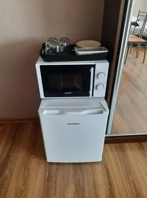 a microwave oven sitting on top of a counter at Noclegi Damianek in Nowy Targ