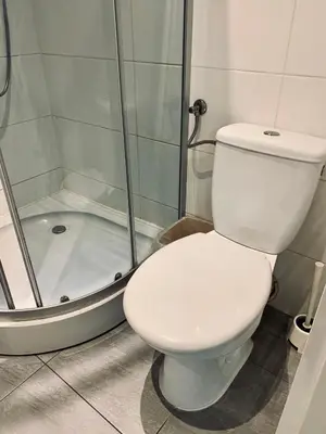a bathroom with a white toilet and a shower at Apartament w centrum :) in Kraków