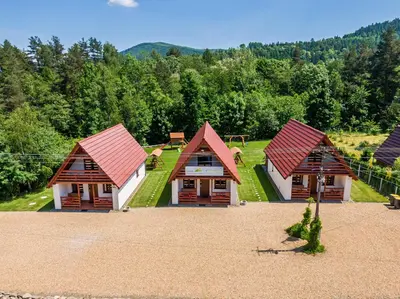 a group of houses with red roofs on a field at Domki Pod Czarnym Groniem in Rzyki