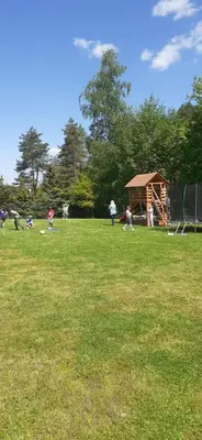 a group of people in a field flying kites at Domki Pod Czarnym Groniem in Rzyki