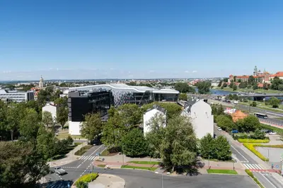 an aerial view of a city with a building at WawelSee Apartments in Kraków