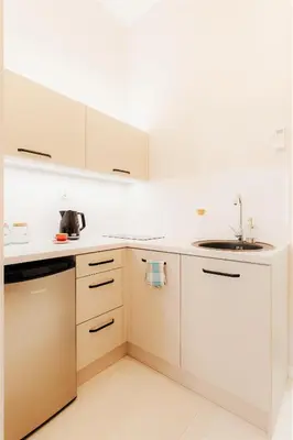 a kitchen with white cabinets and a sink at DeLux Apartament OldTown Kochanowskiego 30 Kraków in Kraków