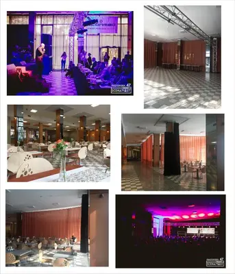 a collage of photos of a hotel with purple lighting at Piast Hotele Studenckie in Kraków