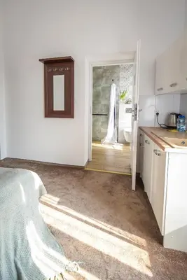 a white kitchen with a sink and a bathroom at Willa Zator in Oświęcim