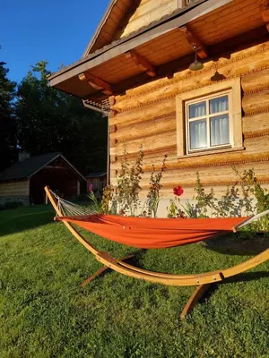 a living room with a fireplace in a log cabin at Domek u Heli in Limanowa