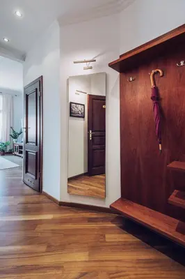 a hallway with a mirror and a wooden door at Szpitalna 20 Apartment nr 8 in Kraków