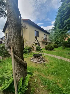 a tree with a swing in front of a house at Gospodarstwo Agroturystyczne Borówkowy Bukiet Smaków in Iwkowa