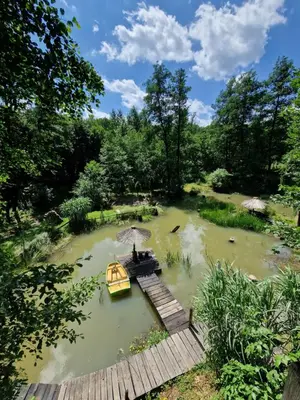 a boat in a pond with a bridge and an umbrella at Gospodarstwo Agroturystyczne Borówkowy Bukiet Smaków in Iwkowa