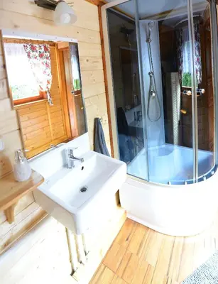 a bathroom with a white sink and a shower at Domek drewniany Camila in Ryczów