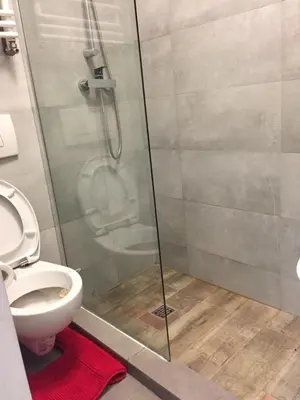 a shower stall in a bathroom with a toilet at Coco apartment 1 in Kraków