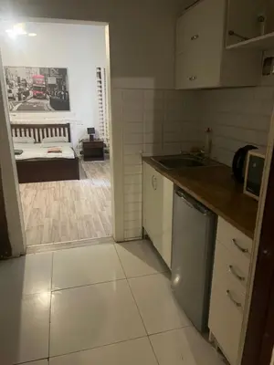 a kitchen with a sink and a bed in a room at Coco apartment 1 in Kraków