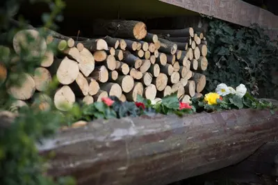 a pile of logs and flowers in a flower garden at Śmietanówka Agroturystyka in Krzczonów