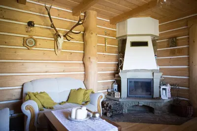 a living room with a white couch and a fireplace at Śmietanówka Agroturystyka in Krzczonów