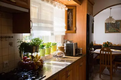 a kitchen with a counter with a sink and a window at Śmietanówka Agroturystyka in Krzczonów
