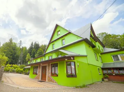 a green house with a black roof at Ośrodek Wczasowy Jodła in Zawoja