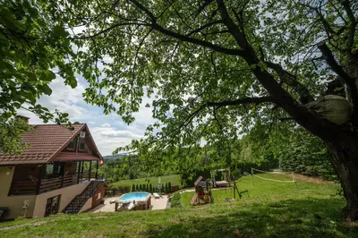 a man standing in a yard next to a house at Willa Sulimówka - wyjątkowy dom na wyłączność Mini SPA in Zakliczyn