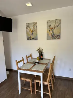 a dining room table with chairs and paintings on the wall at Apartamenty ZATOR20 2 min od Energylandii in Zator