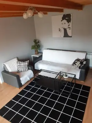 a living room with a bed and a couch at Domek w górach in Sucha Beskidzka