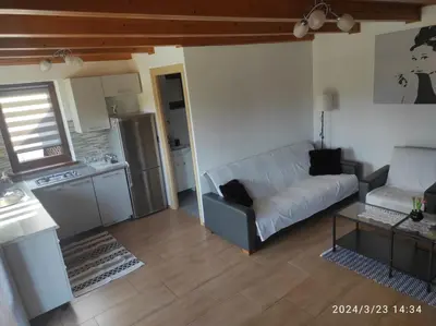 a living room with a couch and a kitchen at Domek w górach in Sucha Beskidzka